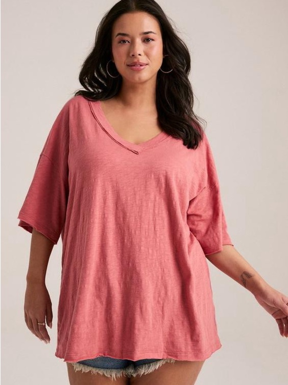 Torrid Festi Oversized V-Neck Heritage Rib Tee Dusty Cedar Size 0 NWT
